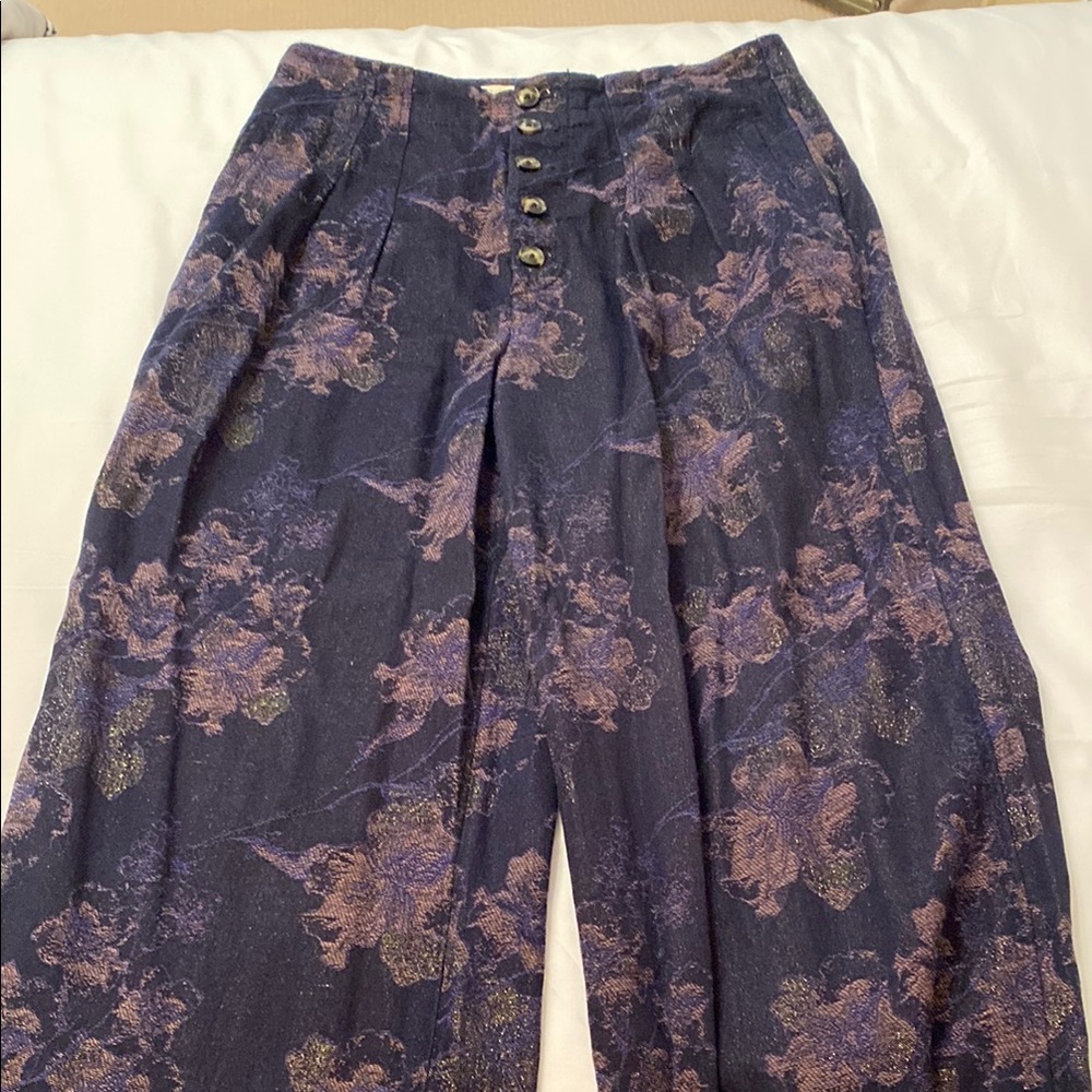Anthropologie Wide-Leg Floral Pants in Navy with Mauve and Gold Accents - Picture 1 of 4